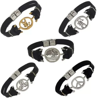 Çapa Figürlü Deri ve Çelik Bileklik | Toptan Erkek Deri Bileklik