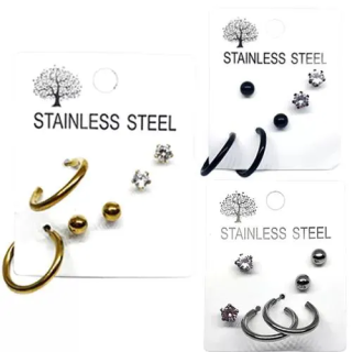 Toptan 3'lü Set Paslanmaz Çelik Küpeler | İstocB2B