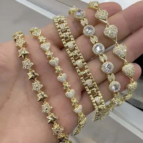 Toptan İthal 14K Altın Kaplama Taşlı Çelik Kadın Bileklik Modelleri